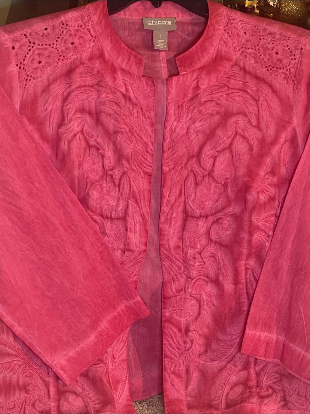 Chico's Bright Pink Embroidered Open-Front Jacket Size 1